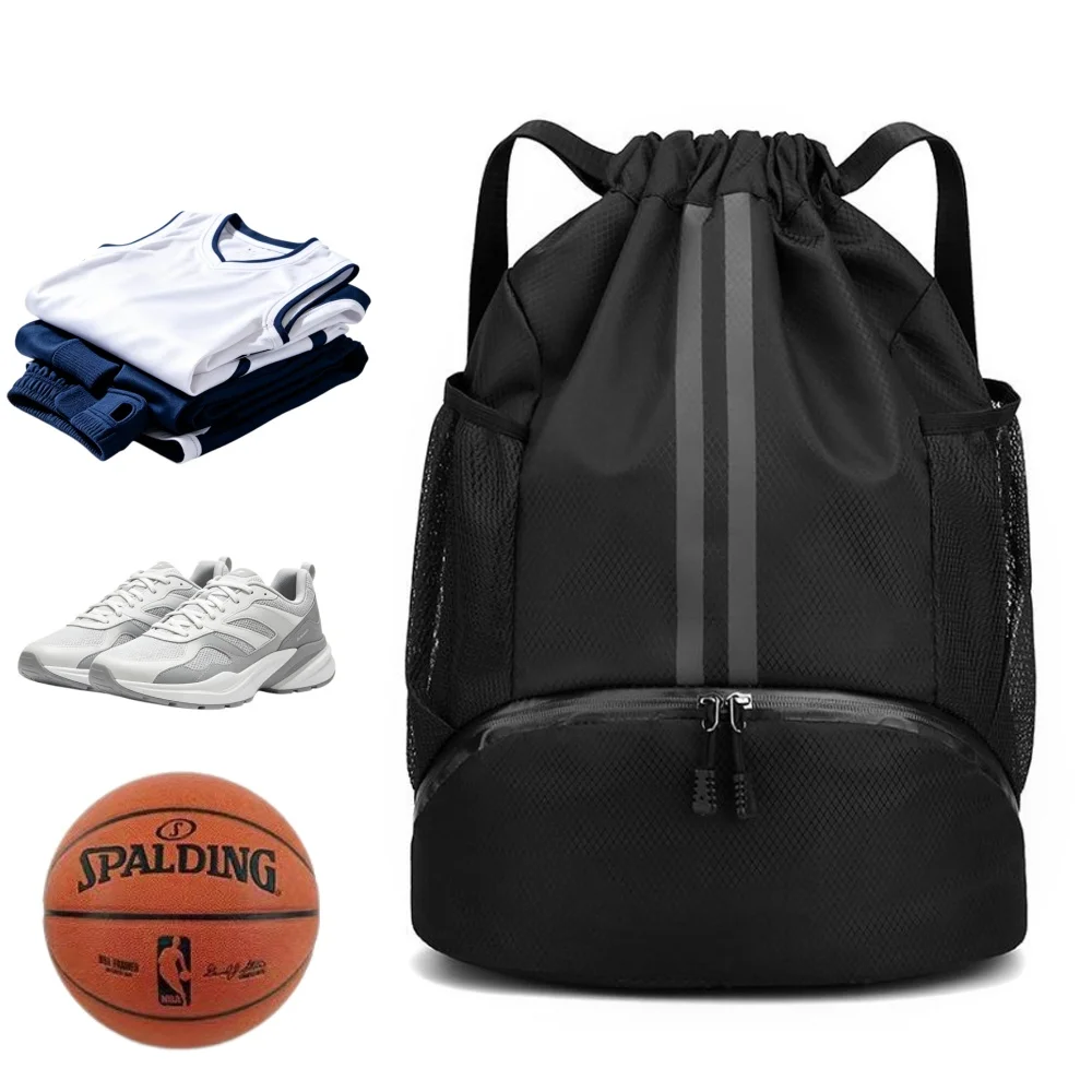 Outdoor Sport Bag - กระเป๋าเป้กีฬาแบบมีเชือกผูก, กระเป๋าออกกำลังกายน้ำหนักเบาพร้อมช่องใส่รองเท้าและช่องแยกของเปียกและแห้ง, เหมาะสำหรับบาสเก็ตบอล ฟุตบอล ว่ายน้ำ โยคะ